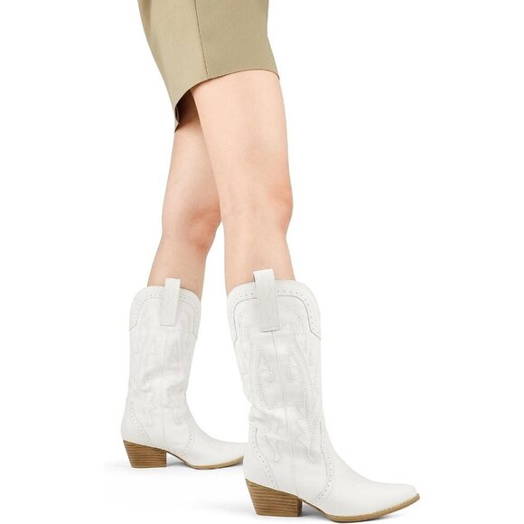 Women White Mid-calf Pointy Toe Embroidered Western Cowgirl Boots Chunky Heels - Picture 6 of 8